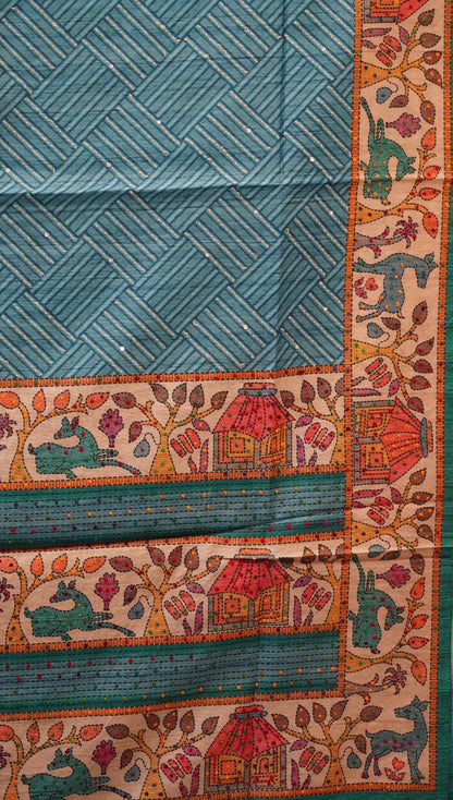 Semi Tussar Saree With French Knot & Kantha Work Zig Zag Checkered Pattern - Blue