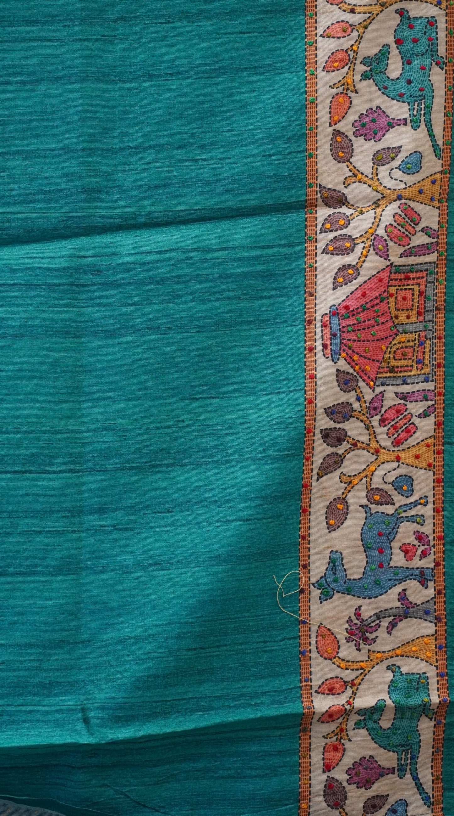 Semi Tussar Saree With French Knot & Kantha Work Zig Zag Checkered Pattern - Blue