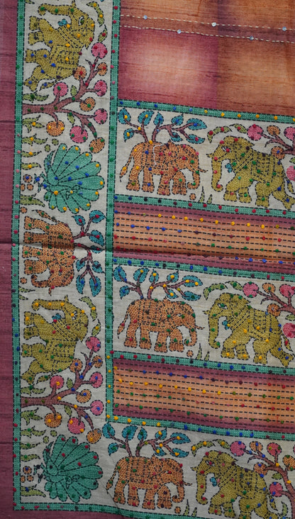Semi Tussar Saree With French Knot & Kantha Work Straight Checkered Pattern - Peach