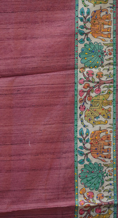 Semi Tussar Saree With French Knot & Kantha Work Straight Checkered Pattern - Peach