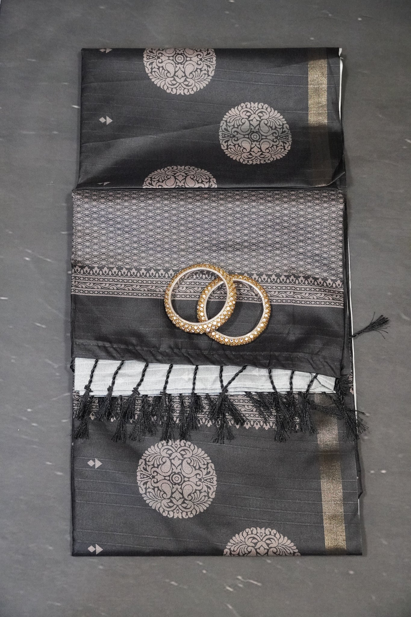 Semi Tussar Saree - Round Motif Black