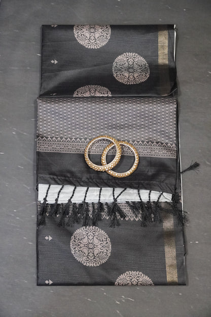 Semi Tussar Saree - Round Motif Black