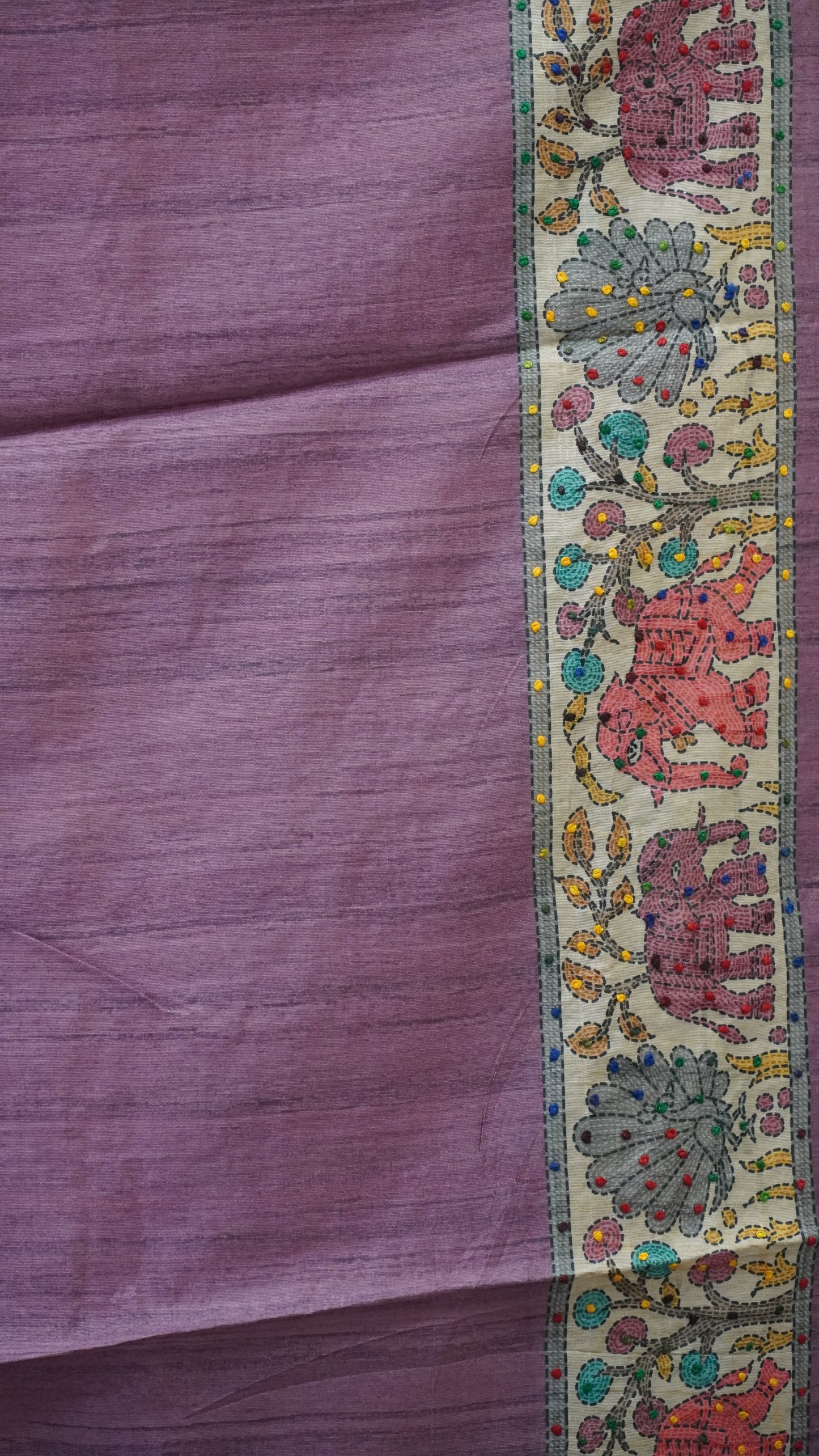 Semi Tussar Saree With French Knot & Kantha Work Straight Checkered Pattern - Dual Shade