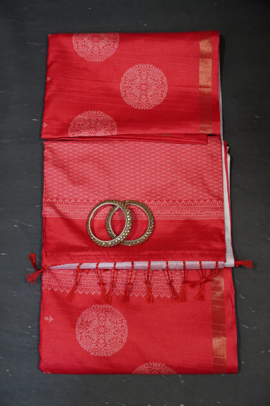 Semi Tussar Saree - Round Motif Red