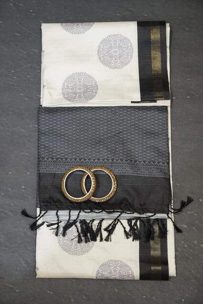 Semi Tussar Saree - Round Motif White