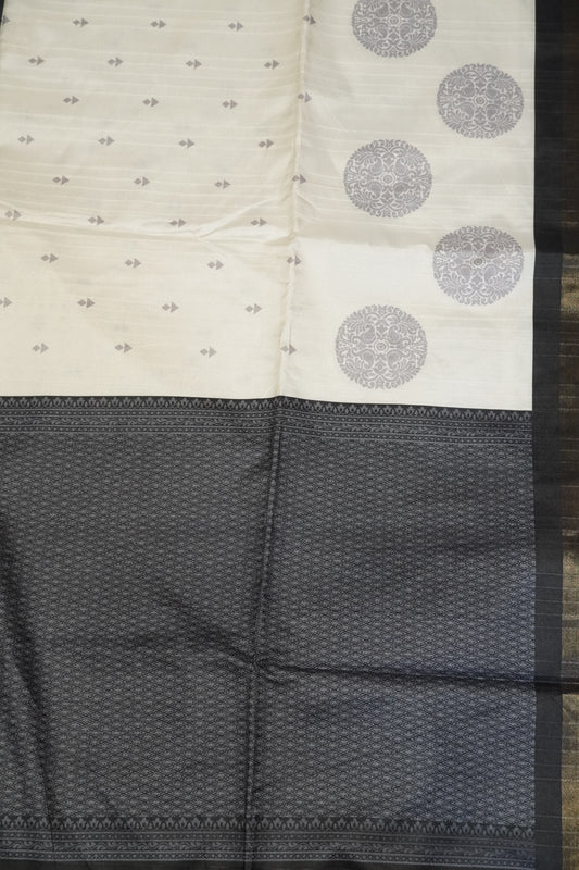 Semi Tussar Saree - Round Motif White
