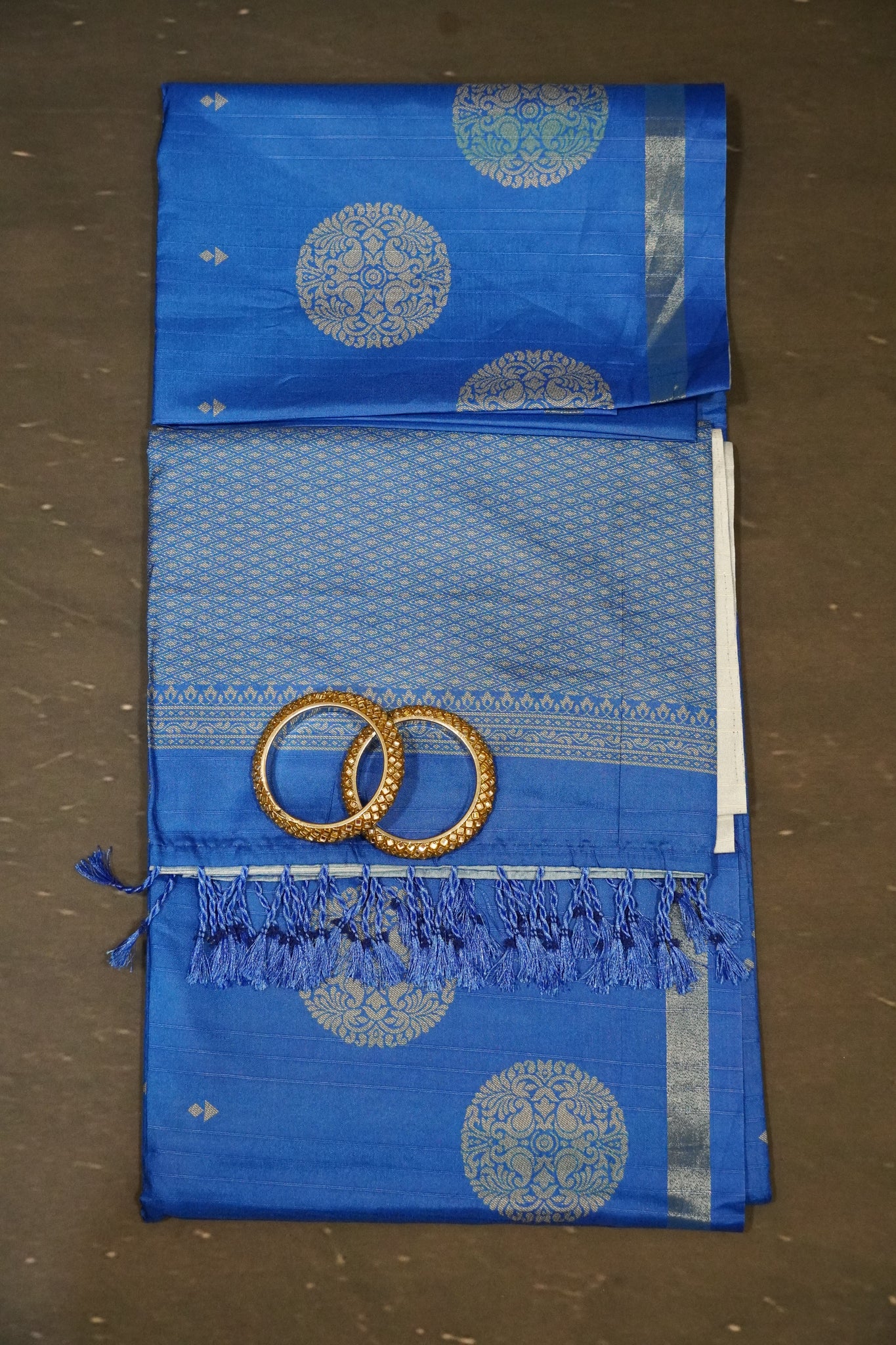 Semi Tussar Saree - Round Motif Blue