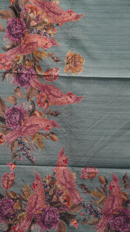 Semi Tussar Saree With  Kantha Work Cockatoo Pattern - Green