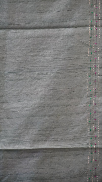 Semi Tussar Saree With  Kantha Work Cockatoo Pattern - Green