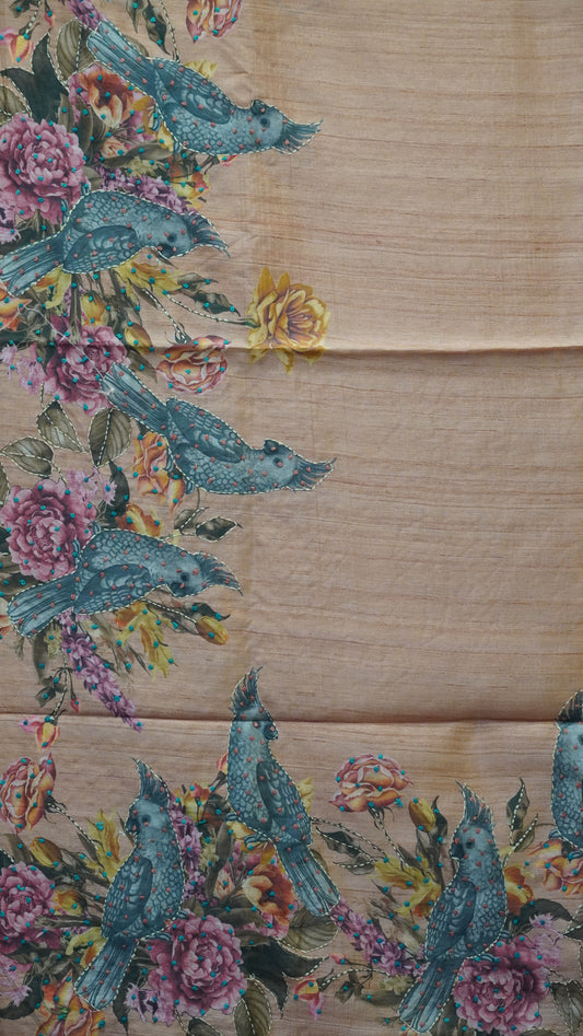 Semi Tussar Saree With  Kantha Work Cockatoo Pattern - Peach