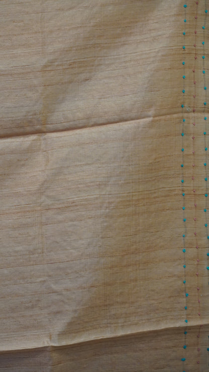 Semi Tussar Saree With  Kantha Work Cockatoo Pattern - Peach