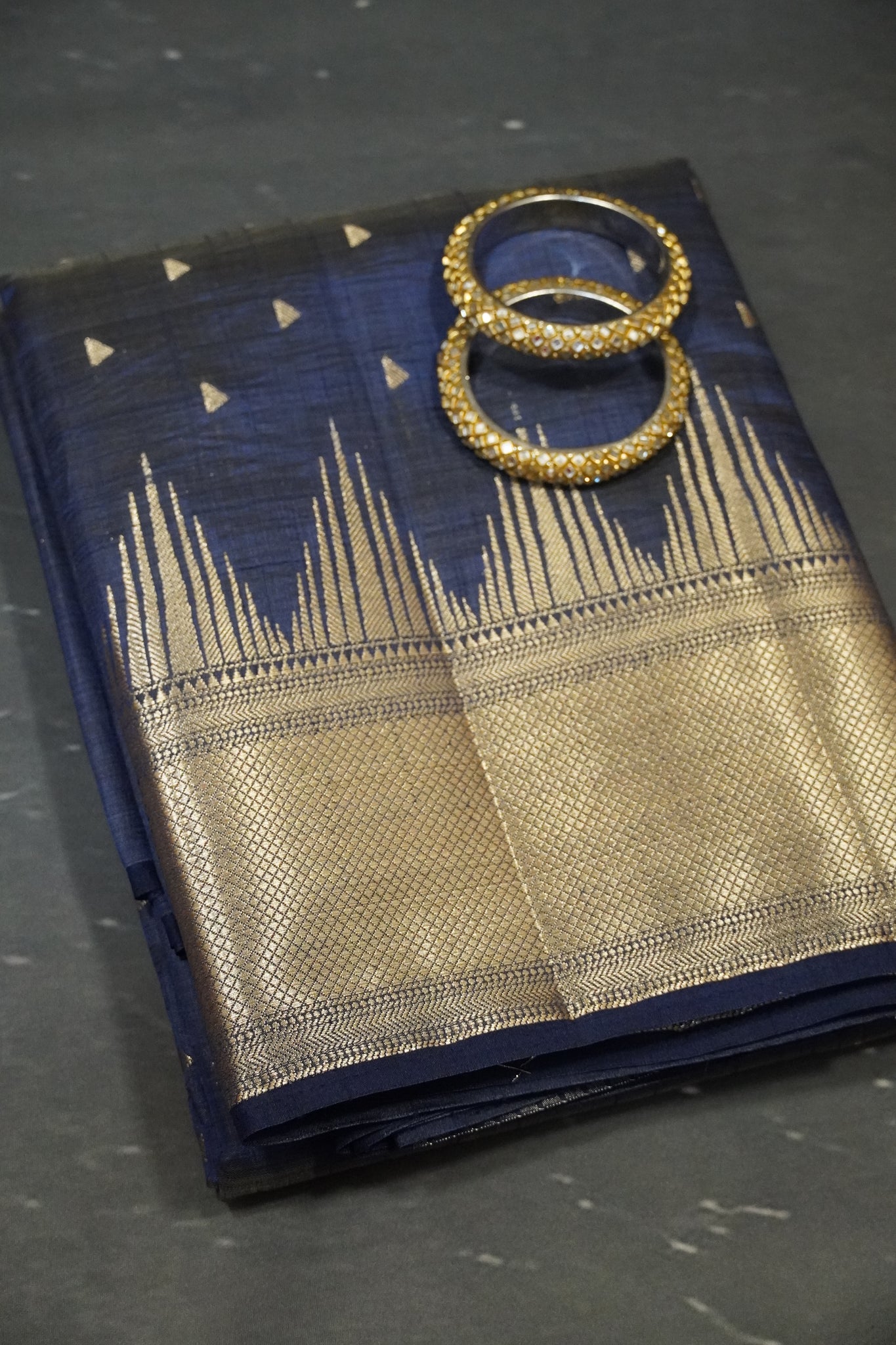 Semi Tussar Saree - Temple Border Navy Blue