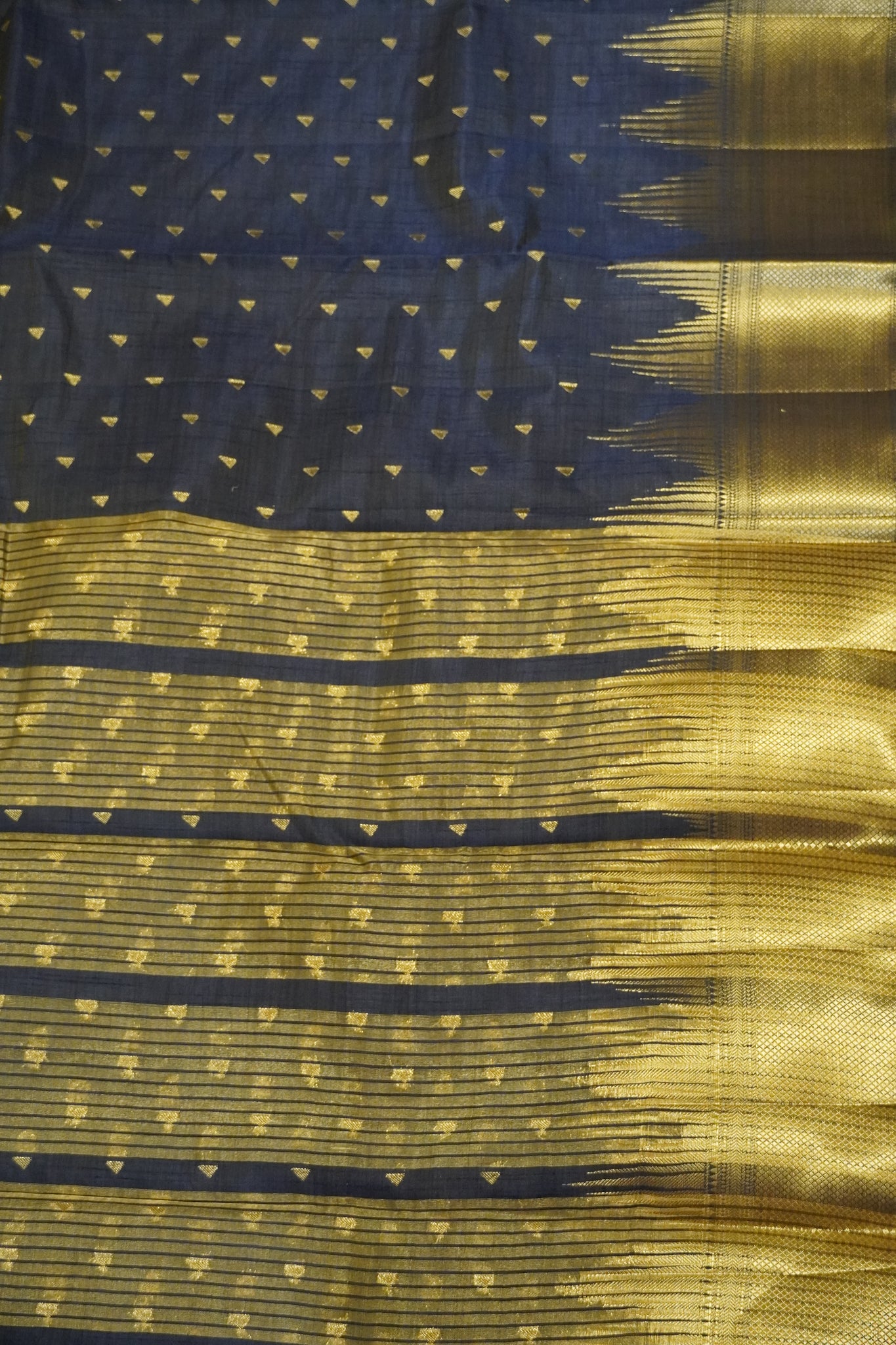 Semi Tussar Saree - Temple Border Navy Blue