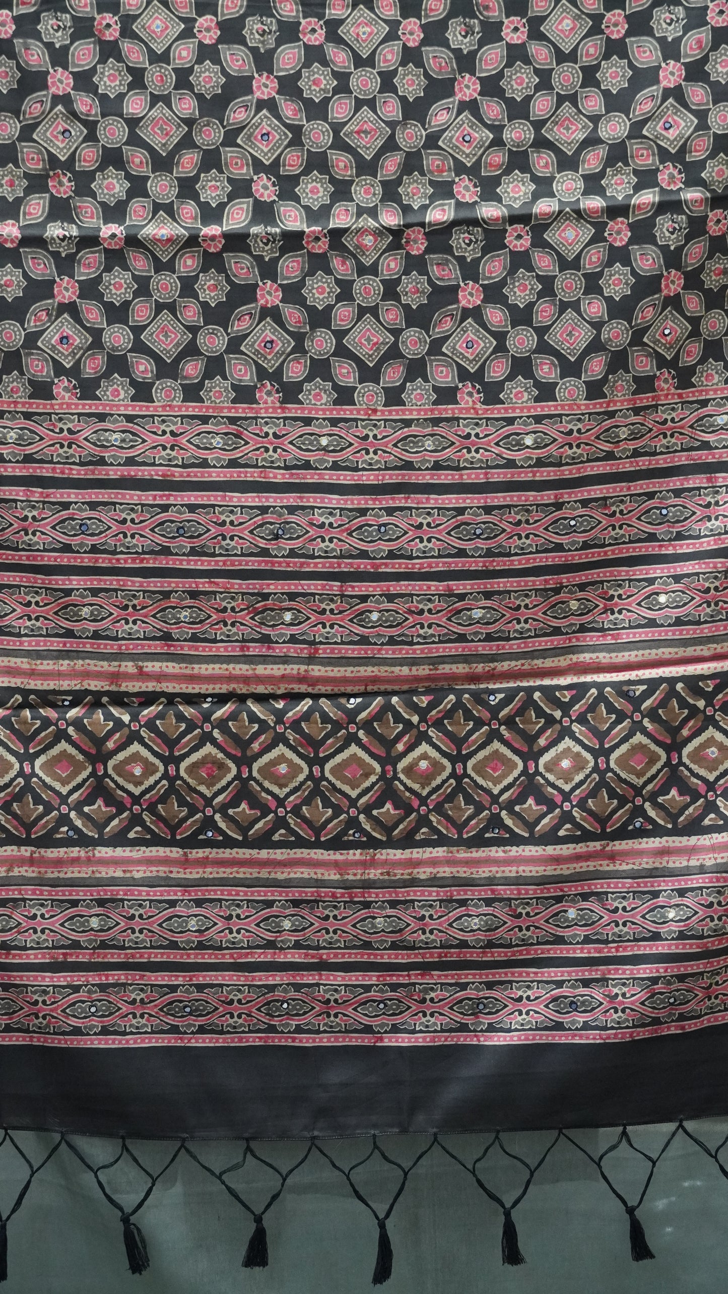 Semi Tussar Saree Ajrakh Print With Mirror Work - Black