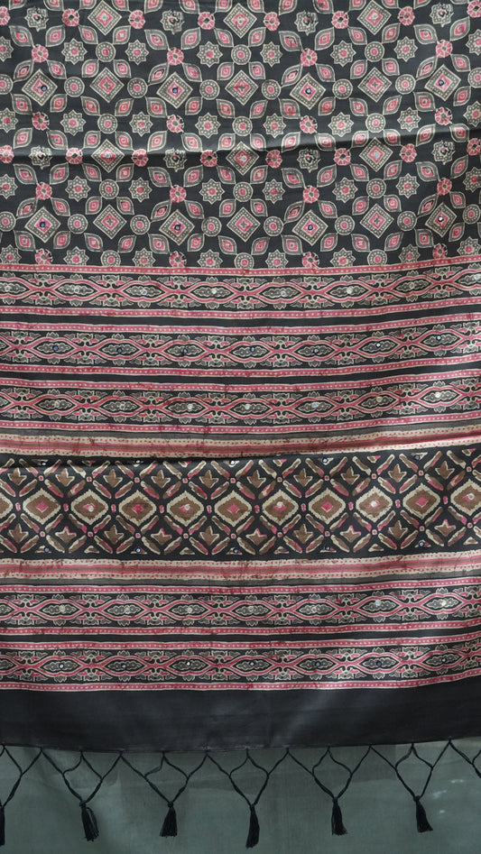 Semi Tussar Saree Ajrakh Print With Mirror Work - Black