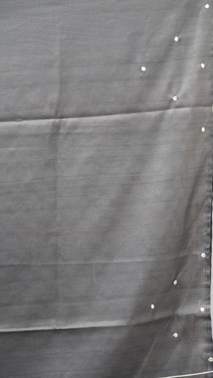 Semi Tussar Saree Ajrakh Print With Mirror Work - Black