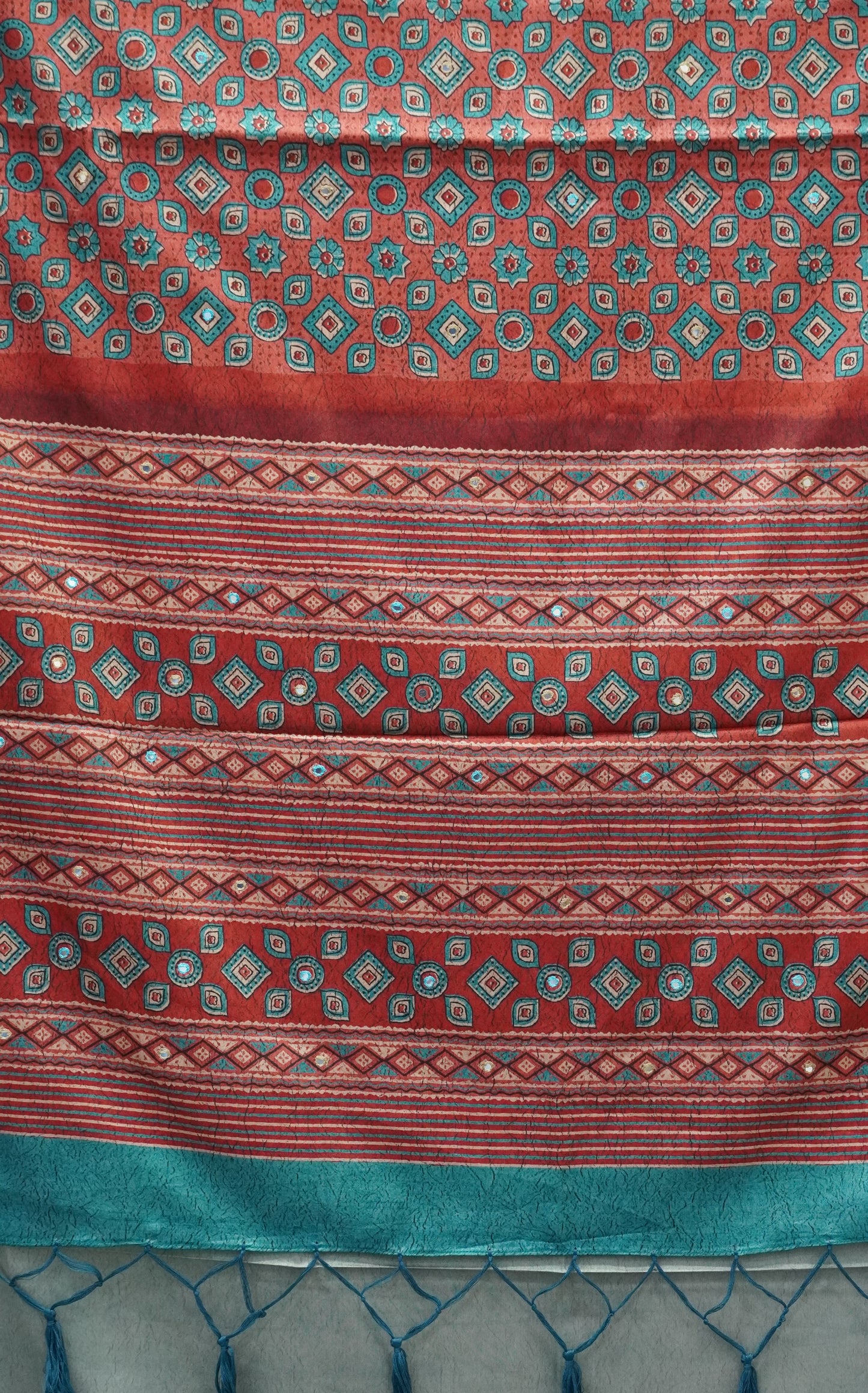 Semi Tussar Saree Ajrakh Print With Mirror Work - Rust