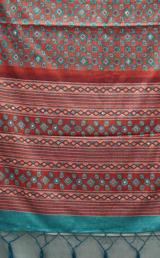 Semi Tussar Saree Ajrakh Print With Mirror Work - Rust