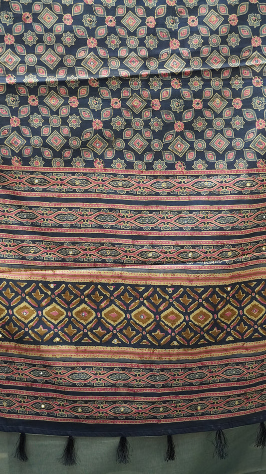 Semi Tussar Saree Ajrakh Print With Mirror Work - Navy Blue