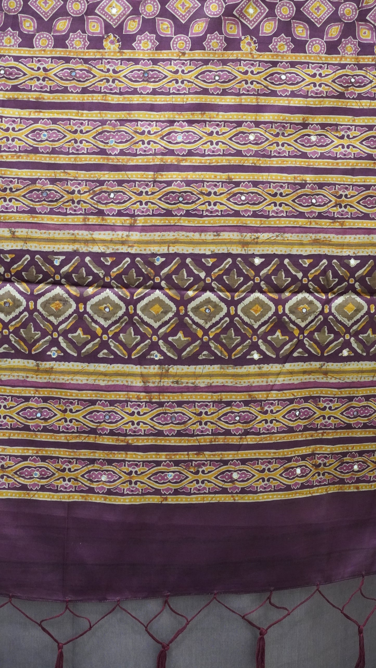 Semi Tussar Saree Ajrakh Print With Mirror Work - Purple