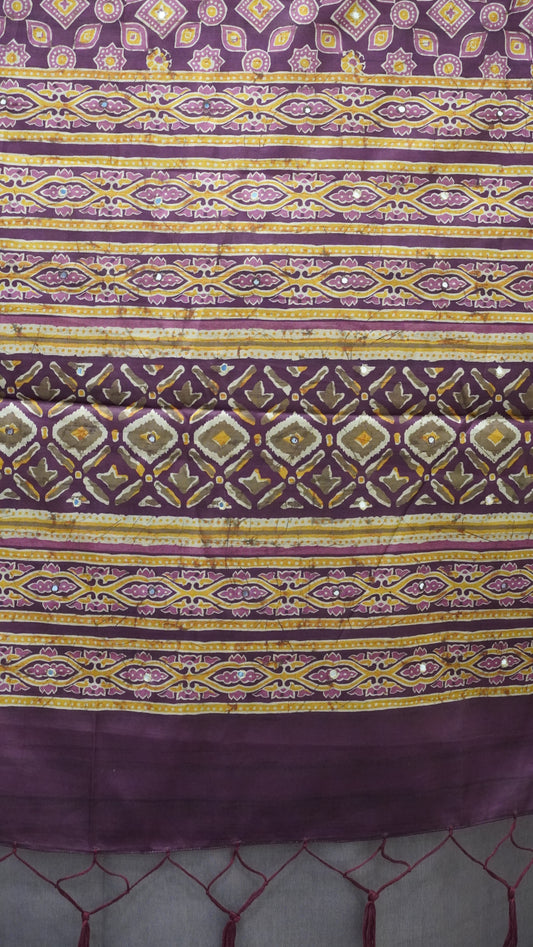 Semi Tussar Saree Ajrakh Print With Mirror Work - Purple