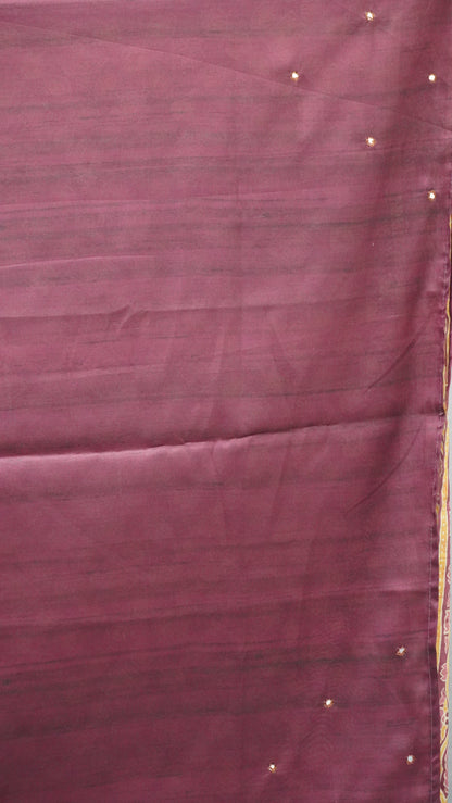Semi Tussar Saree Ajrakh Print With Mirror Work - Purple