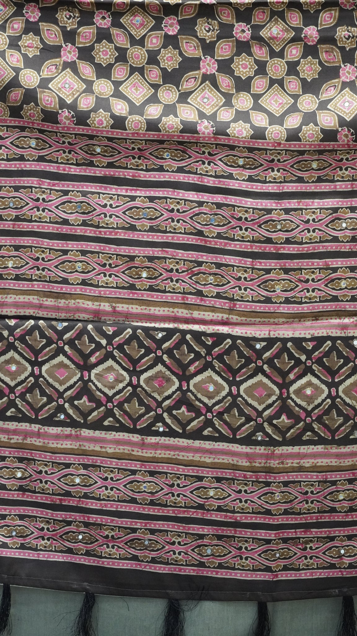 Semi Tussar Saree Ajrakh Print With Mirror Work - Brown
