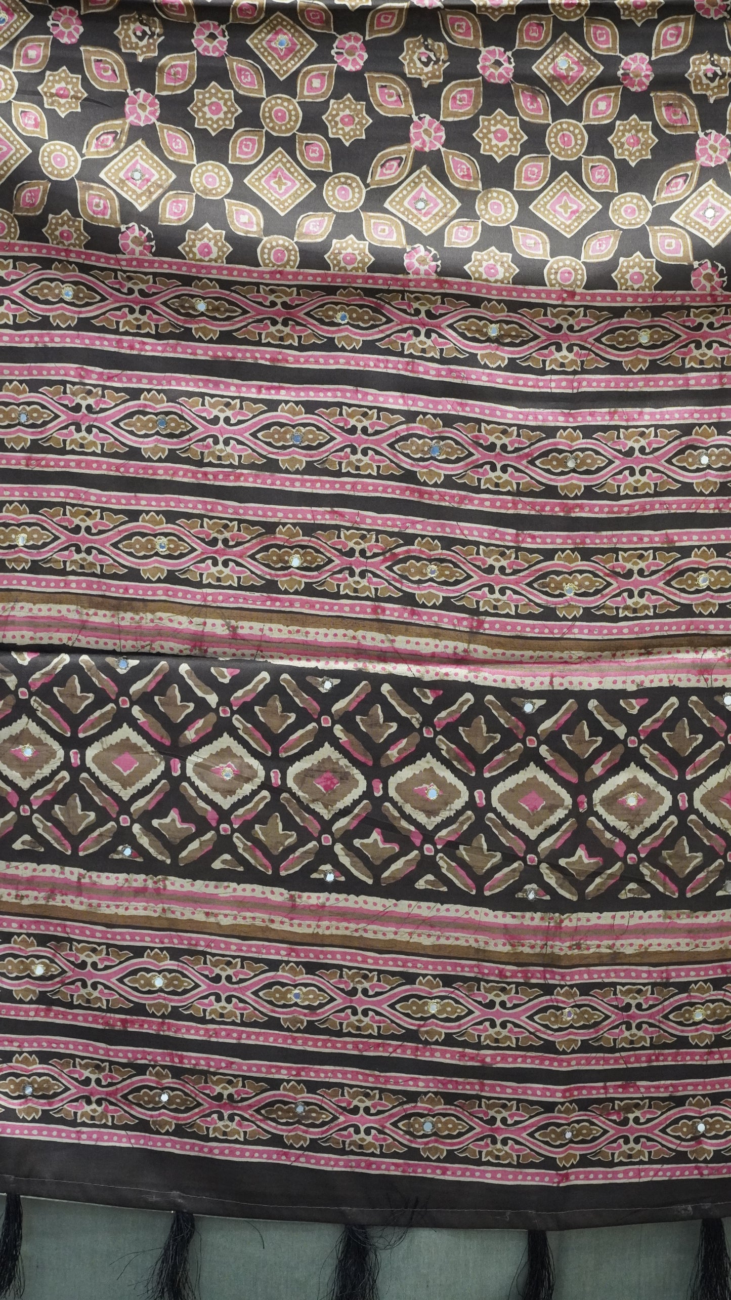 Semi Tussar Saree Ajrakh Print With Mirror Work - Brown
