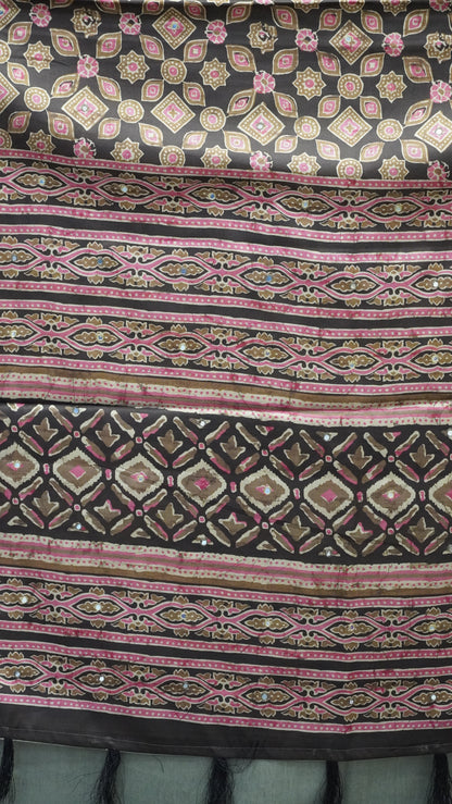 Semi Tussar Saree Ajrakh Print With Mirror Work - Brown
