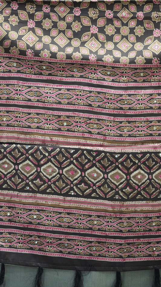 Semi Tussar Saree Ajrakh Print With Mirror Work - Brown