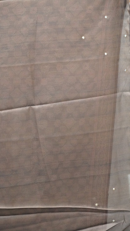 Semi Tussar Saree Ajrakh Print With Mirror Work - Brown