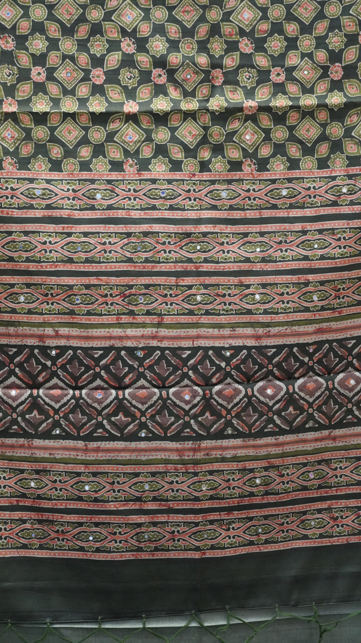 Semi Tussar Saree Ajrakh Print With Mirror Work - Green