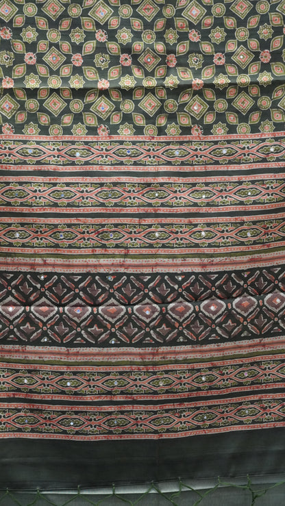 Semi Tussar Saree Ajrakh Print With Mirror Work - Green