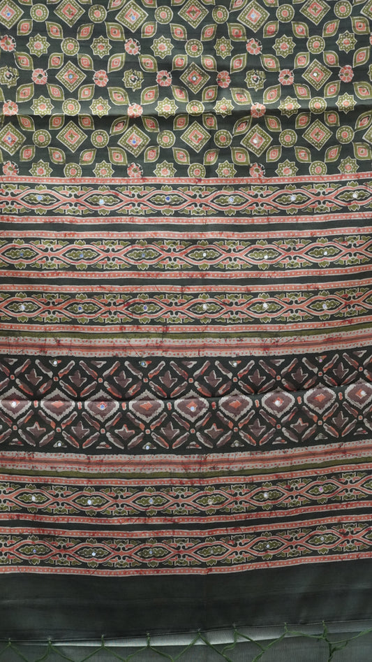 Semi Tussar Saree Ajrakh Print With Mirror Work - Green