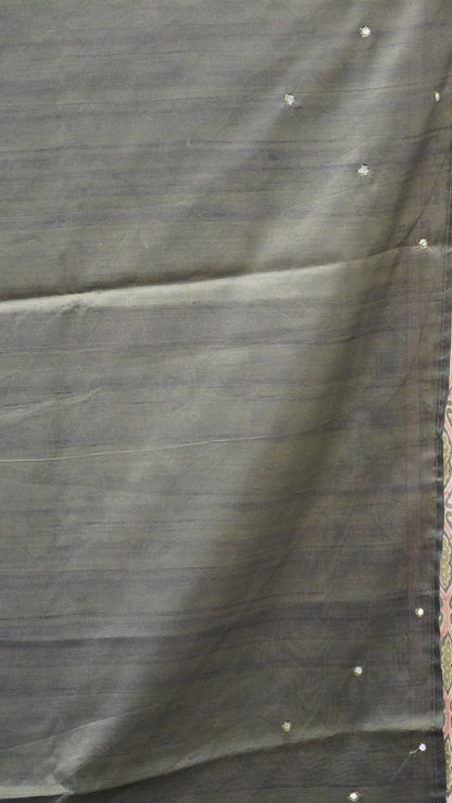 Semi Tussar Saree Ajrakh Print With Mirror Work - Green