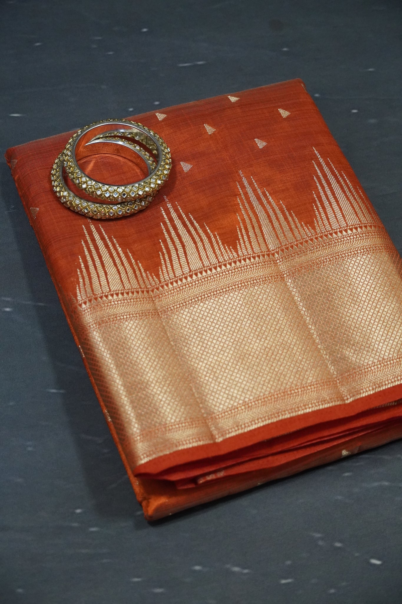 Semi Tussar Saree - Temple Border Rust Orange