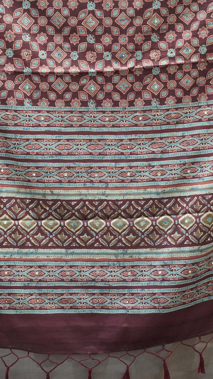 Semi Tussar Saree Ajrakh Print With Mirror Work - Maroon