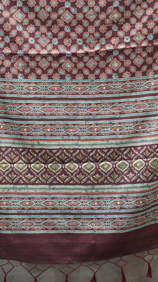 Semi Tussar Saree Ajrakh Print With Mirror Work - Maroon