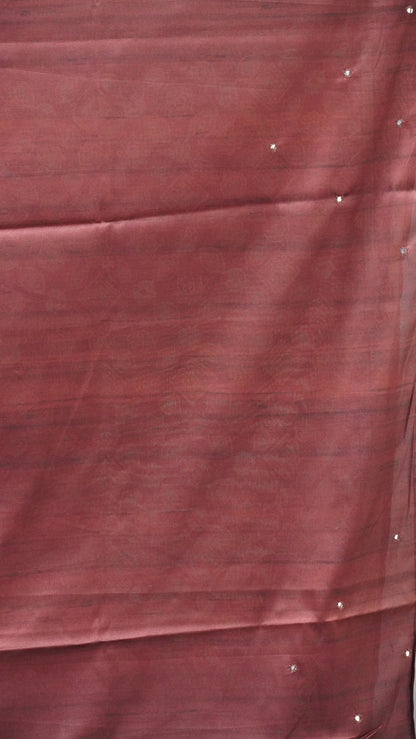 Semi Tussar Saree Ajrakh Print With Mirror Work - Maroon