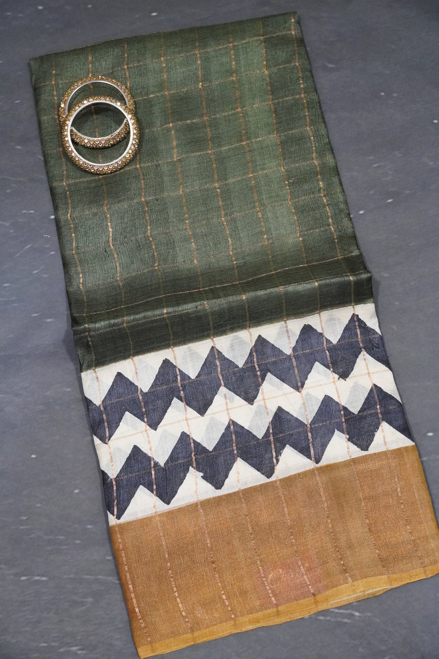 Pure Tussar Saree - Checks Sage Green