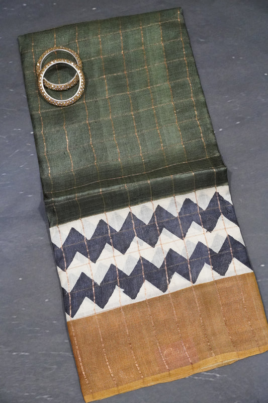 Pure Tussar Saree - Checks Sage Green