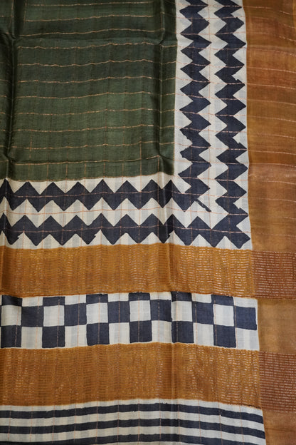Pure Tussar Saree - Checks Sage Green