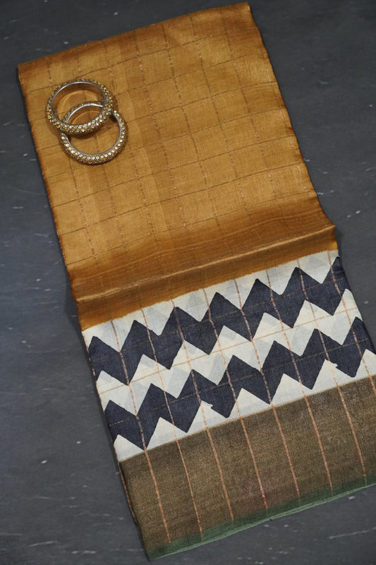 Pure Tussar Saree - Checks Mustard