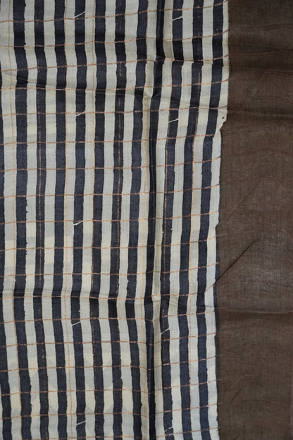 Pure Tussar Saree - Checks Mustard