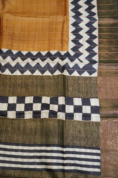 Pure Tussar Saree - Checks Mustard