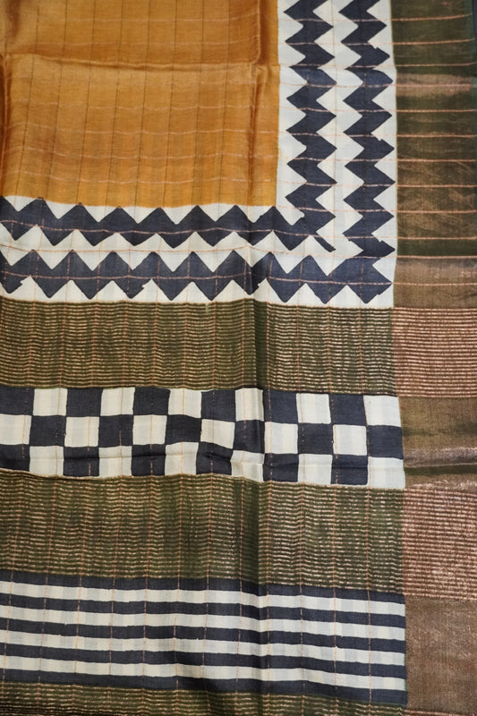 Pure Tussar Saree - Checks Mustard