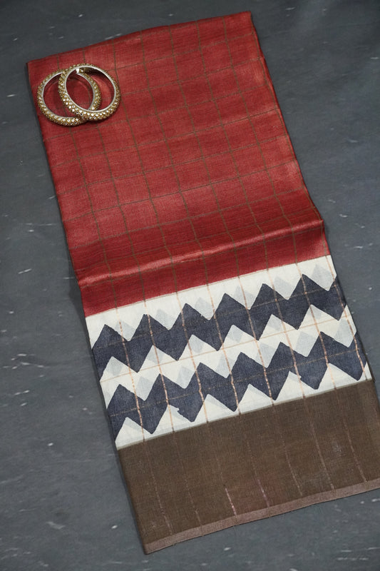 Pure Tussar Saree - Checks Dark Orange