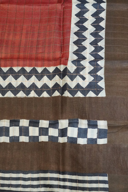 Pure Tussar Saree - Checks Dark Orange