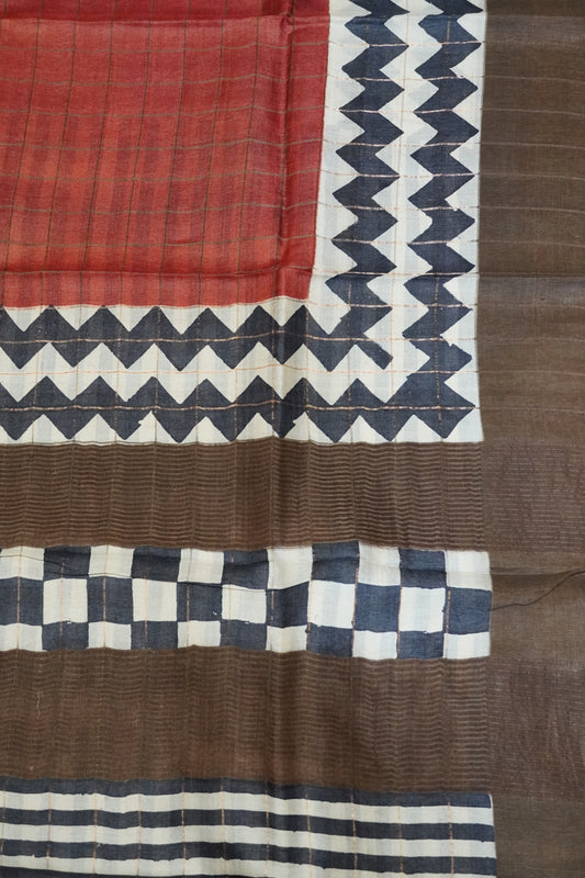 Pure Tussar Saree - Checks Dark Orange