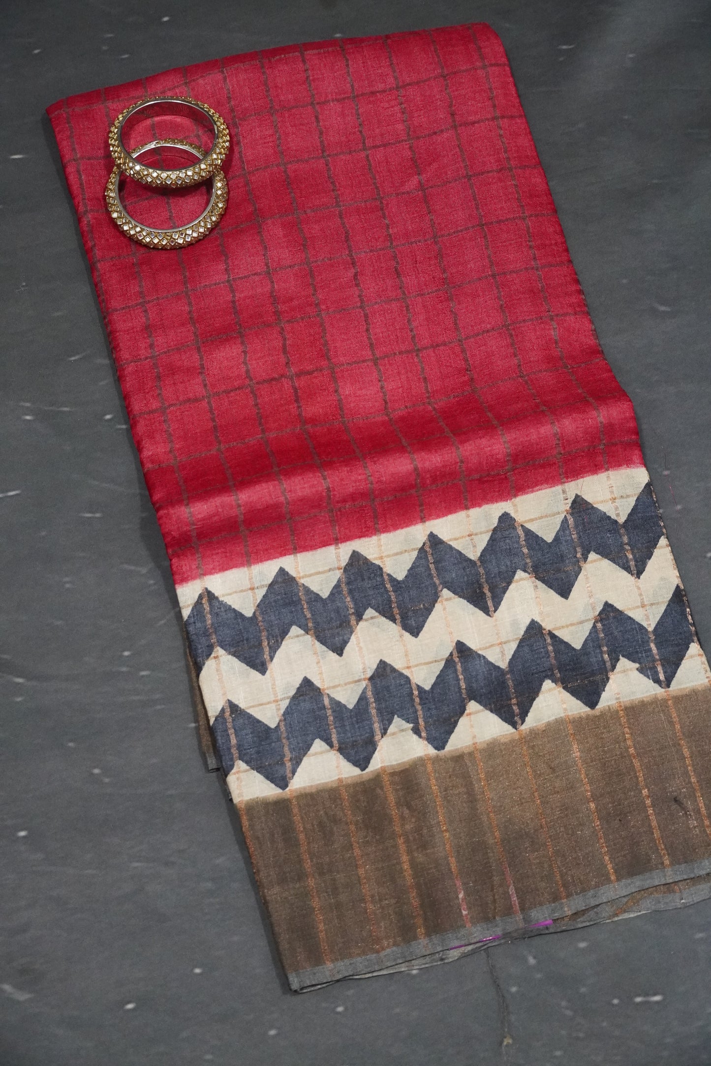 Pure Tussar Saree - Checks Redish Pink